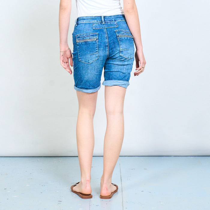 Button front rolled hem slim fit denim bermuda shorts with zipper back pockets wholesale