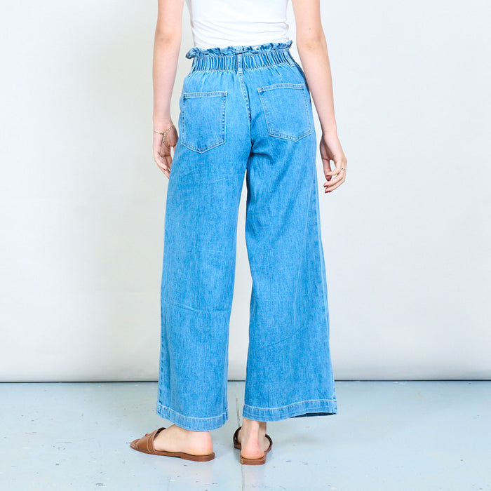 Denim elastic waistband wide leg jeans with patch pockets wholesale