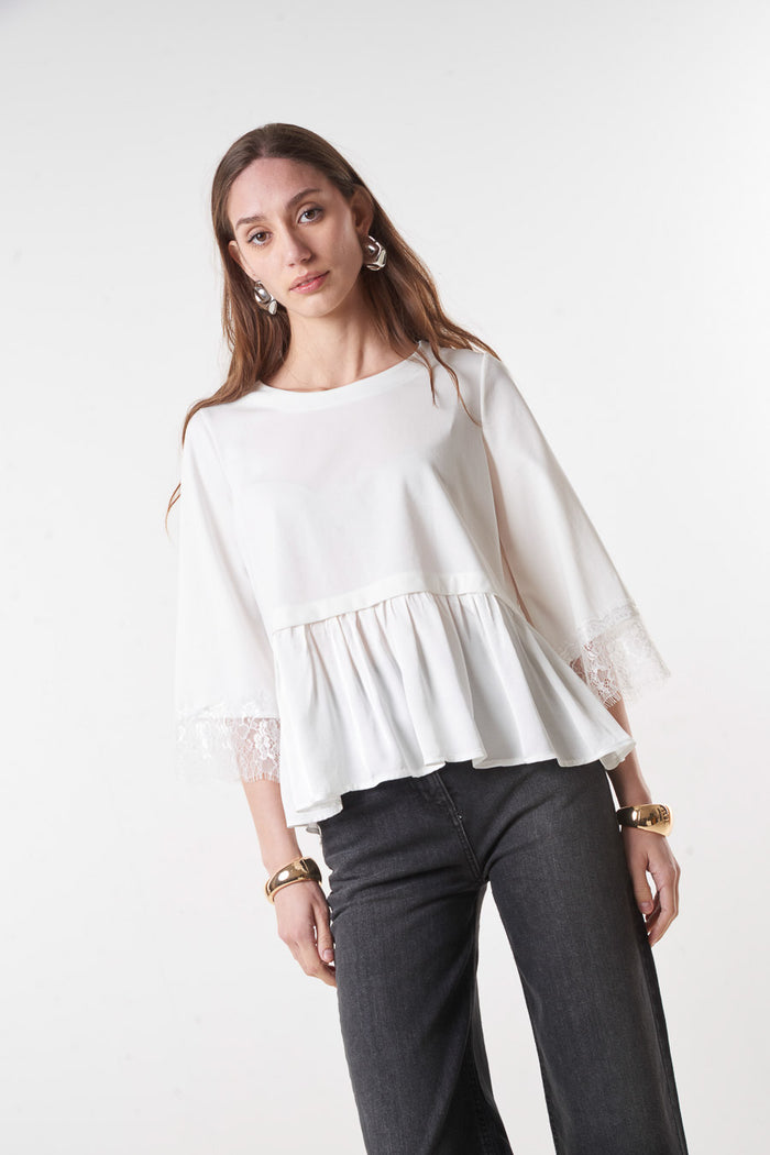 Flared peplum blouse with lace sleeve detail wholesale