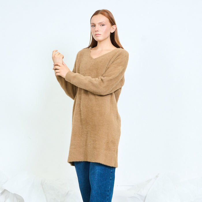 Fuzzy V-neck long sweater wholesale