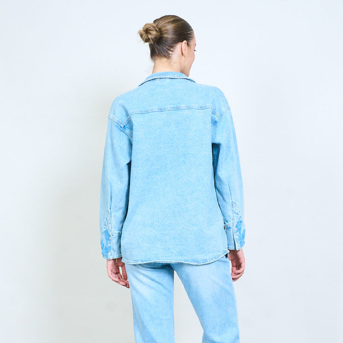 Lightwash denim embroidered and beaded western shirt jacket wholesale