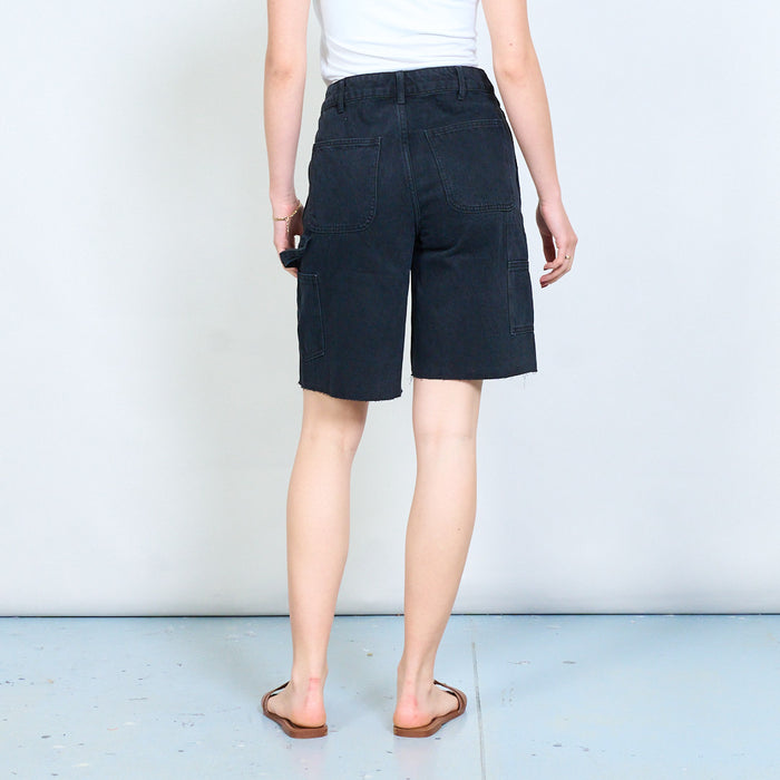 Raw hem panel seam high waist denim bermuda shorts wholesale