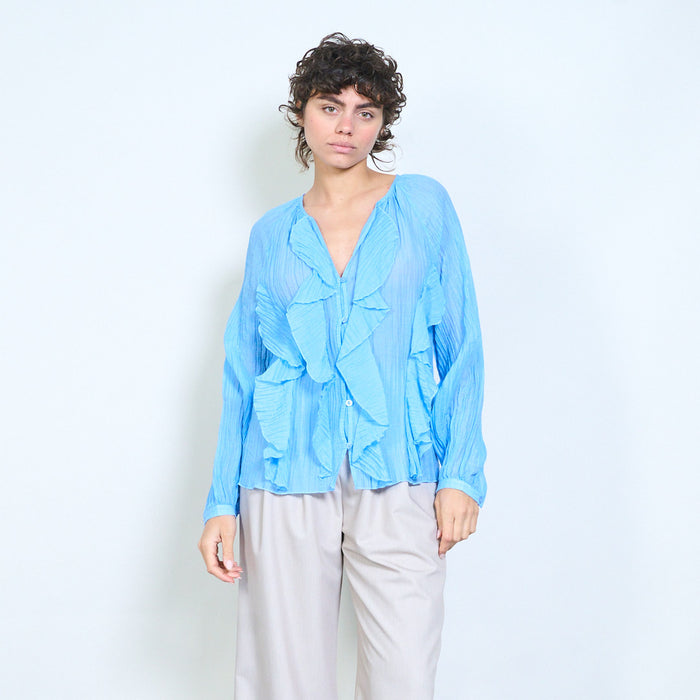 Sheer ruffled button-front long sleeve blouse wholesale