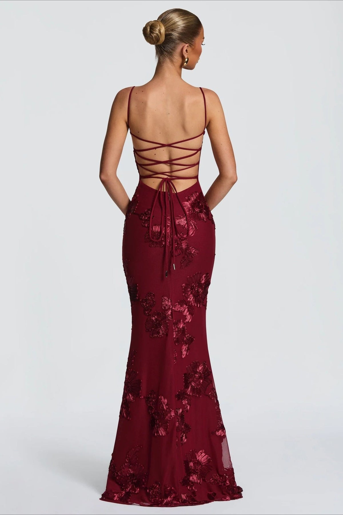 3D Applique Bone Pad Tie Back Solid Prom Dress