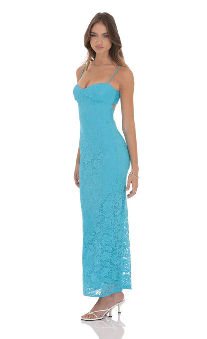 Lace Back Bow Maxi Dress in Aqua Blue