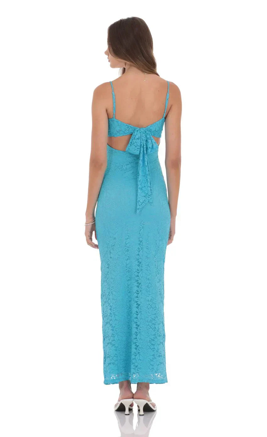 Lace Back Bow Maxi Dress in Aqua Blue