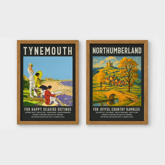 Set of 2 framed prints, vintage North East England travel posters: a "Tynemouth - For Happy Seaside Outings" vintage travel poster; and a "Northumberland - For Joyful Country Rambles" vintage travel poster — unframed