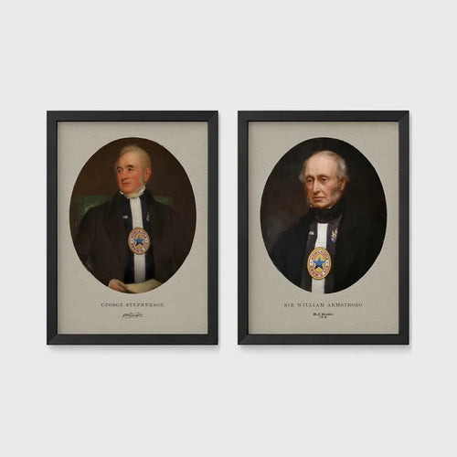 Set of 2 framed prints, Newcastle notables, vintage portraits: a sepia-toned vintage portrait of George Stephenson; and a sepia-toned vintage portrait of Sir William Armstrong — unframed