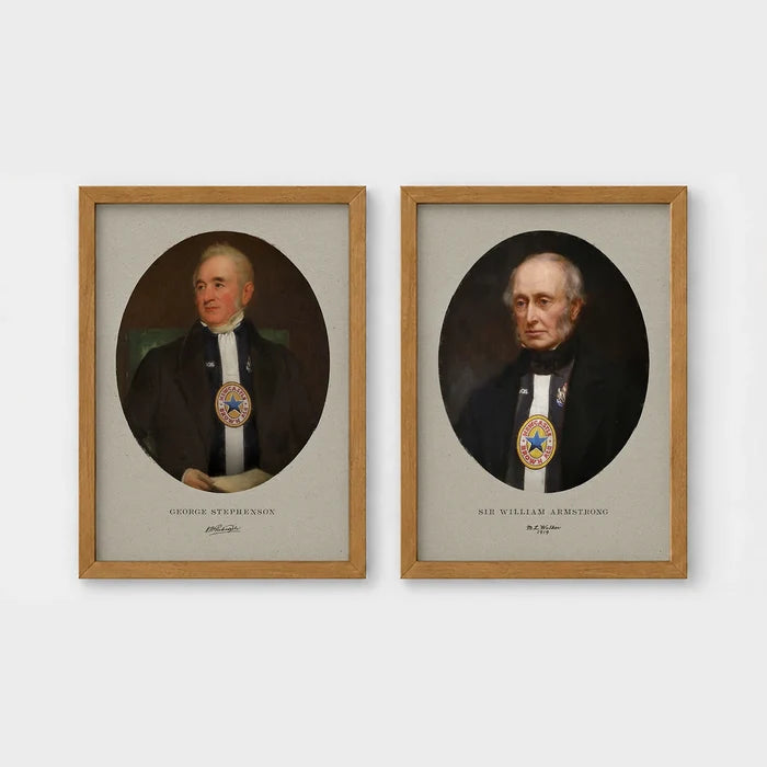 Set of 2 framed prints, Newcastle notables, vintage portraits: a sepia-toned vintage portrait of George Stephenson; and a sepia-toned vintage portrait of Sir William Armstrong — unframed