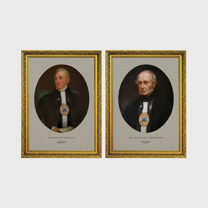 Set of 2 framed prints, Newcastle notables, vintage portraits: a sepia-toned vintage portrait of George Stephenson; and a sepia-toned vintage portrait of Sir William Armstrong — unframed