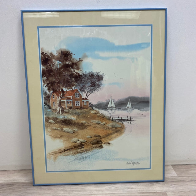 2 sail boats and a house Scene By Carl Martin