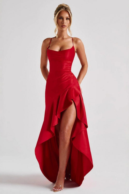 Spaghetti Strap Backless Ruffle Prom Dress