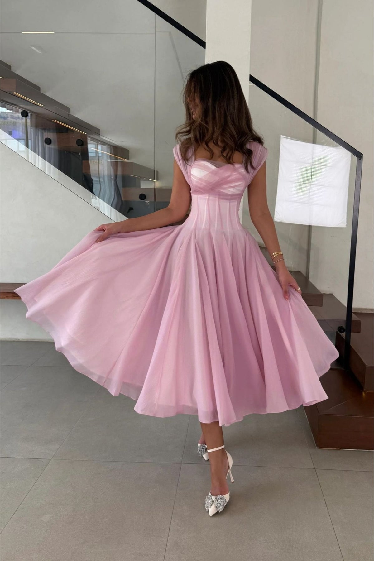 Soft Mesh Waist Flared Prom Dress
