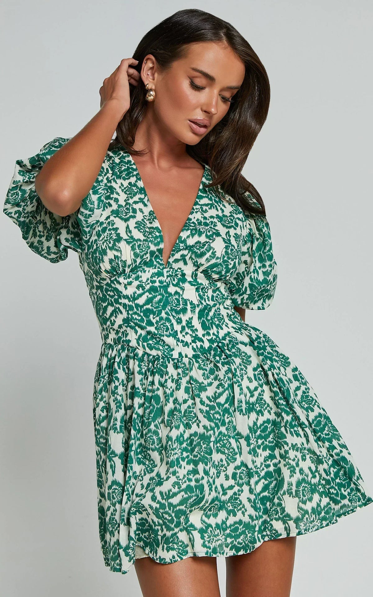 Nelli Mini Dress - Short Puff Sleeve Shirred Back Dress in Green Silhouette
