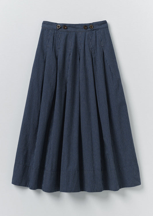 Railroad Stripe Pleated Cotton Skirt | Denim Blue