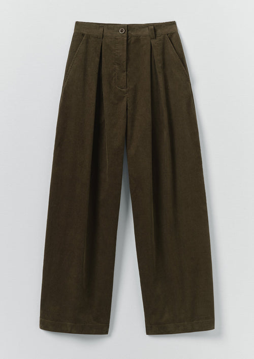 Organic Cord Box Pleat Trousers | Tent Green