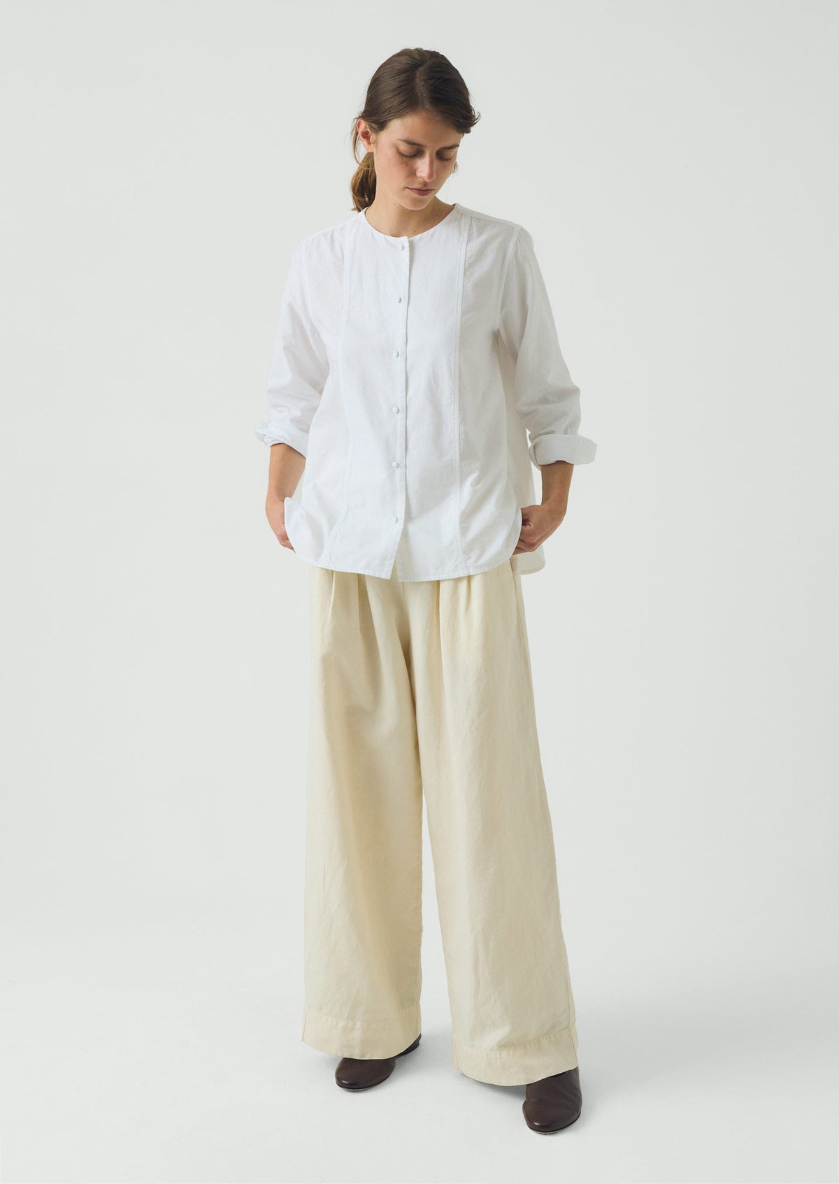 Round Neck Cotton Oxford Shirt | Paper White