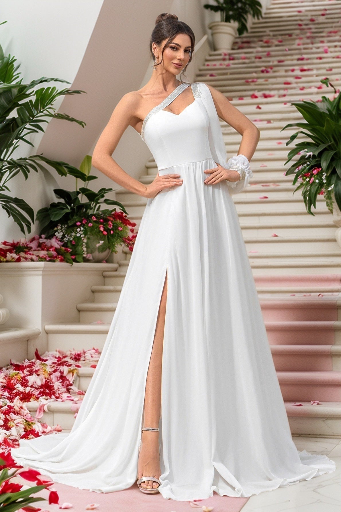Asymmetric Gown Chiffon One Sleeve Prom Dress