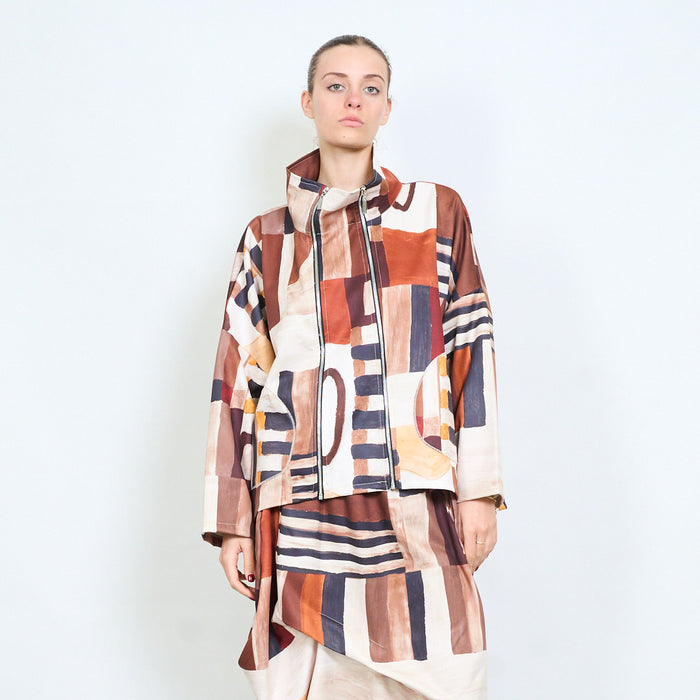 Abstract patchwork double zipper front structured jacket wholesale