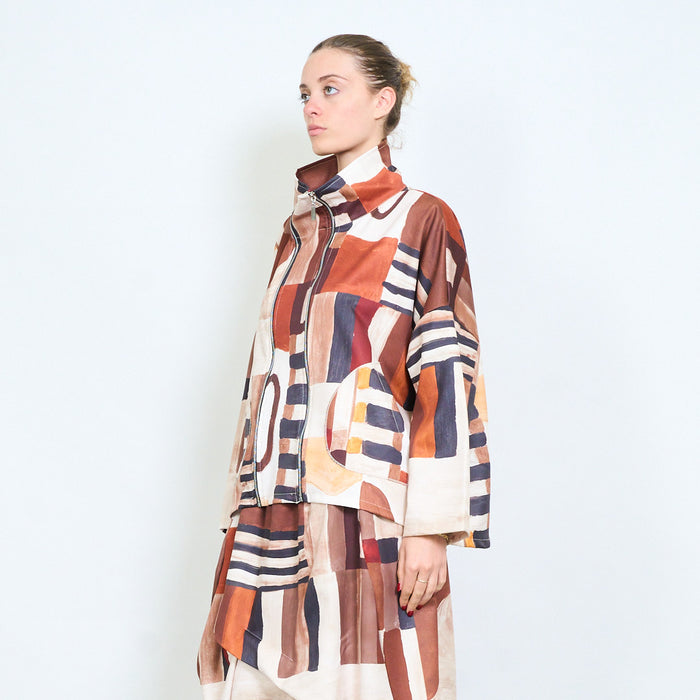 Abstract patchwork double zipper front structured jacket wholesale