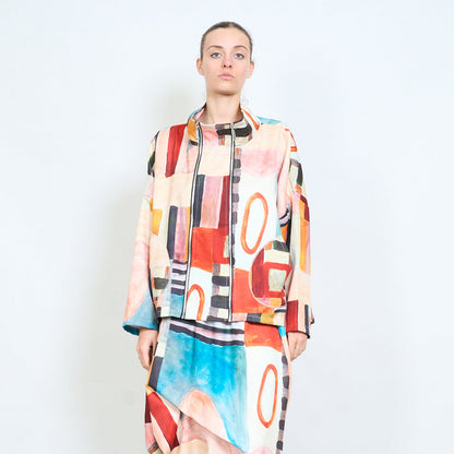 Abstract patchwork double zipper front structured jacket wholesale