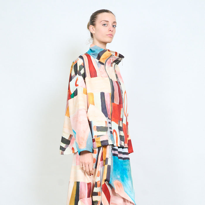 Abstract patchwork double zipper front structured jacket wholesale