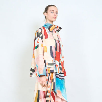 Abstract patchwork double zipper front structured jacket wholesale