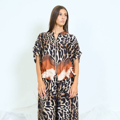 Animal print zip-up blouse wholesale