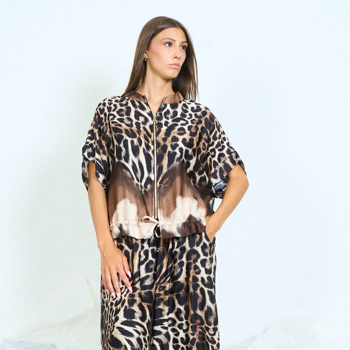 Animal print zip-up blouse wholesale