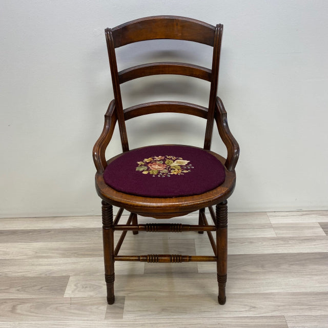 Antique Brown Wood Needlepoint Seat Chair