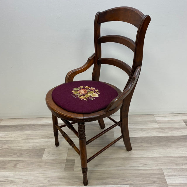 Antique Brown Wood Needlepoint Seat Chair