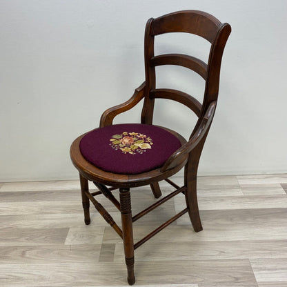 Antique Brown Wood Needlepoint Seat Chair