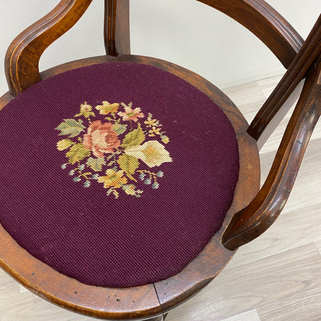 Antique Brown Wood Needlepoint Seat Chair