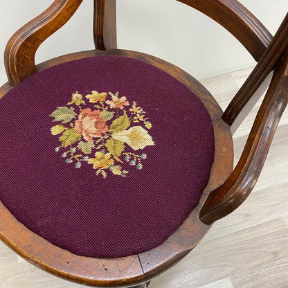 Antique Brown Wood Needlepoint Seat Chair
