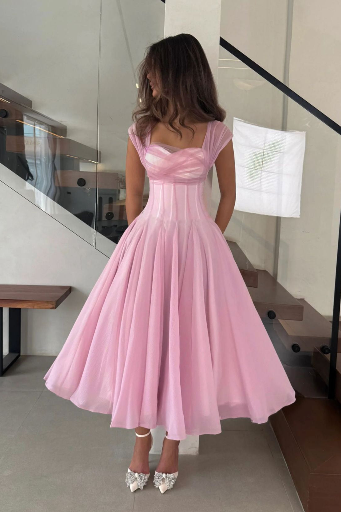 Soft Mesh Waist Flared Prom Dress