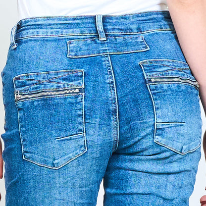 Button front rolled hem slim fit denim bermuda shorts with zipper back pockets wholesale