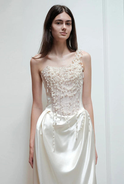 Strapless Satin Heavy Pearl Prom Dress