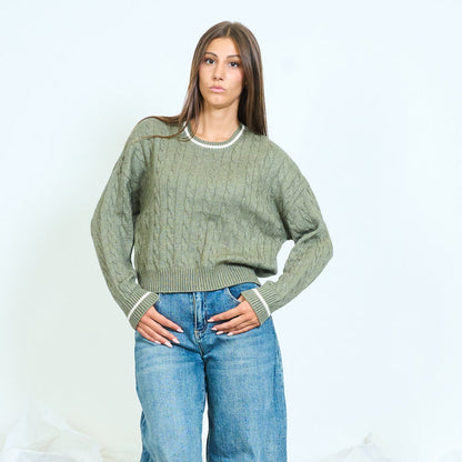 Contrast trim cable knit sweater wholesale
