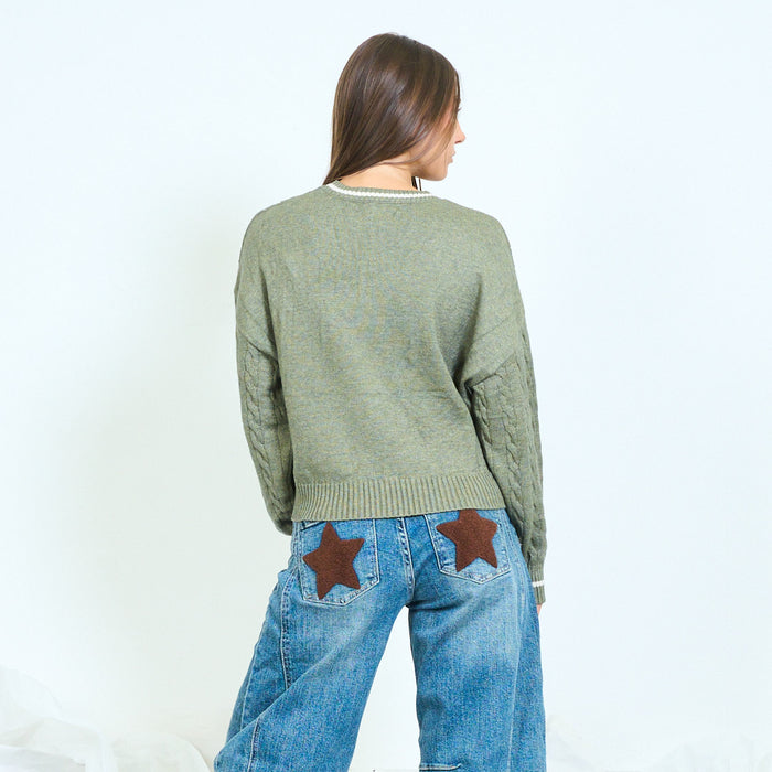 Contrast trim cable knit sweater wholesale