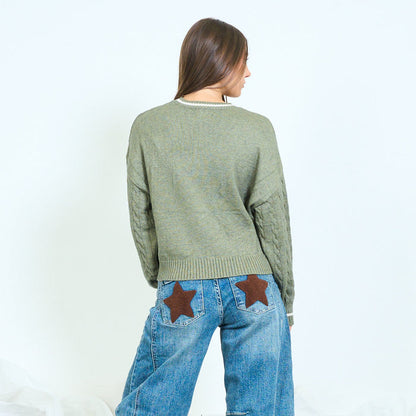Contrast trim cable knit sweater wholesale