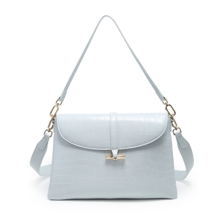 Croc embossed flap strap detail structured shoulder bag wholesale