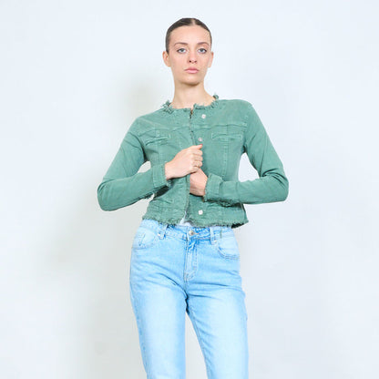 Cropped denim frayed edge jacket wholesale