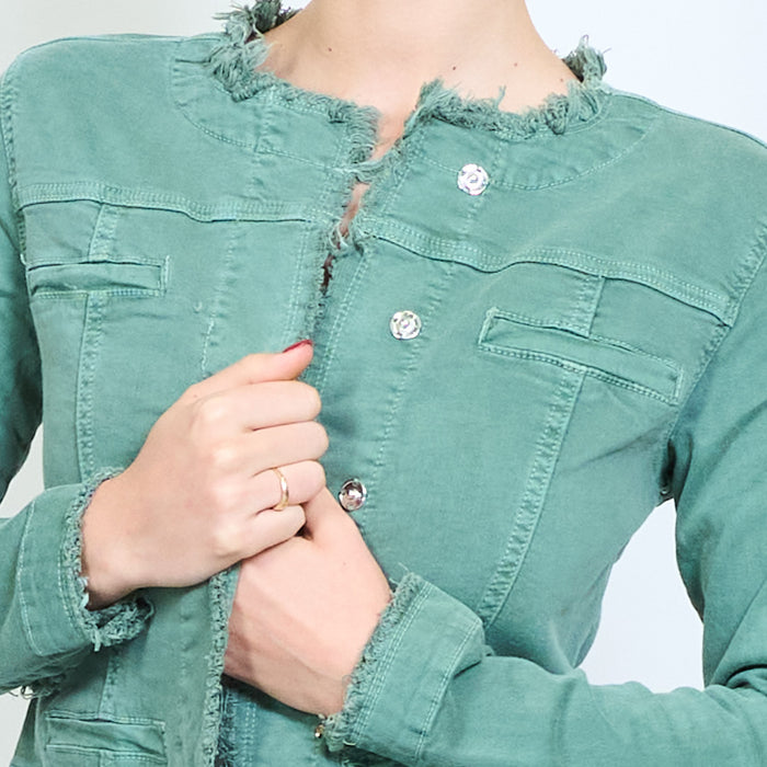 Cropped denim frayed edge jacket wholesale