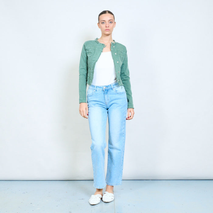 Cropped denim frayed edge jacket wholesale