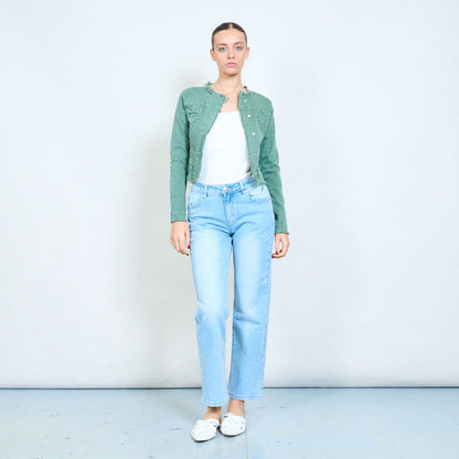 Cropped denim frayed edge jacket wholesale