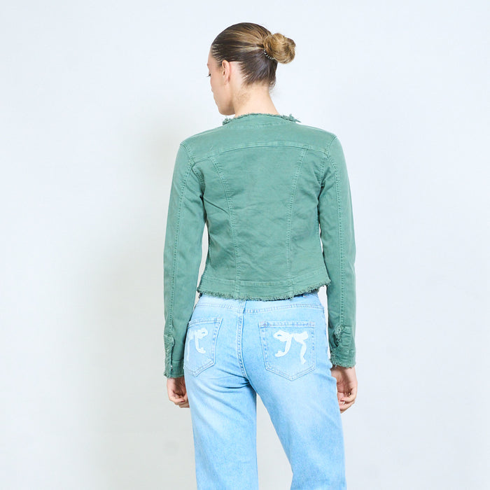 Cropped denim frayed edge jacket wholesale