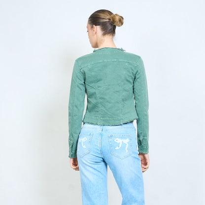 Cropped denim frayed edge jacket wholesale