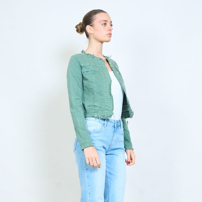 Cropped denim frayed edge jacket wholesale
