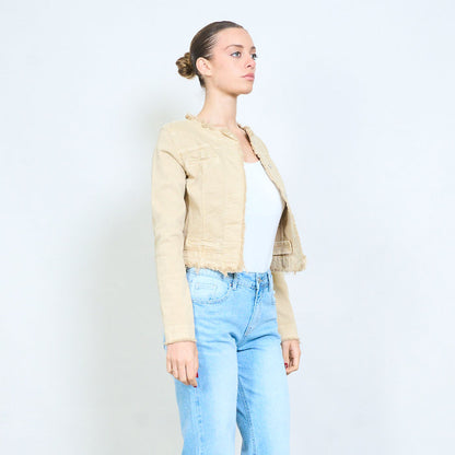 Cropped denim frayed edge jacket wholesale