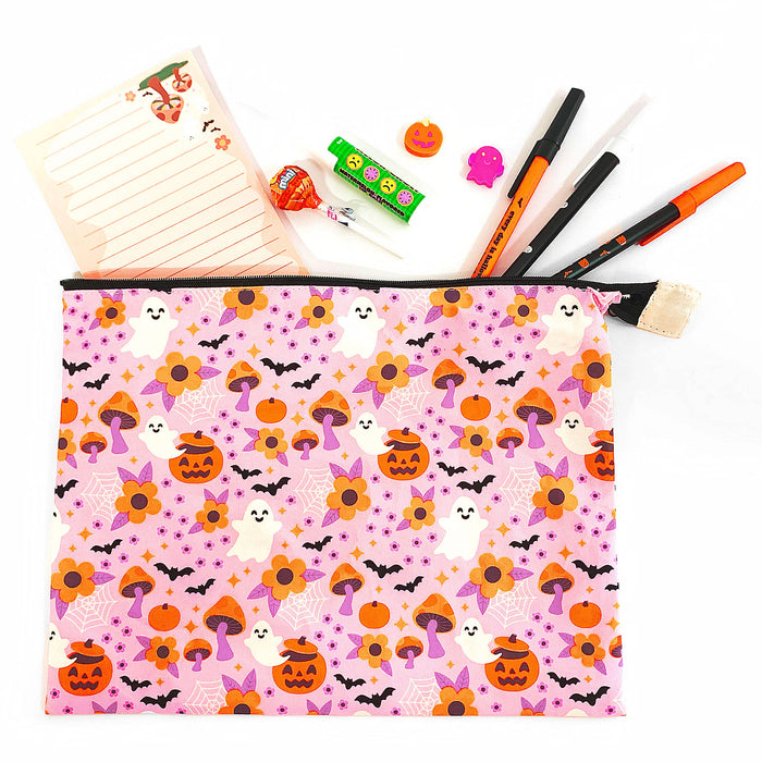 Cute Spooky Floral Halloween XL Cotton Zipper Pouch